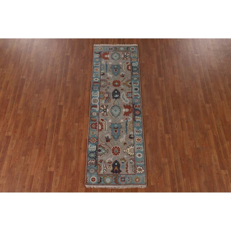 Floral Gray Oushak Oriental Runner Rug Handmade Wool Carpet - 2'7"x 7'11"