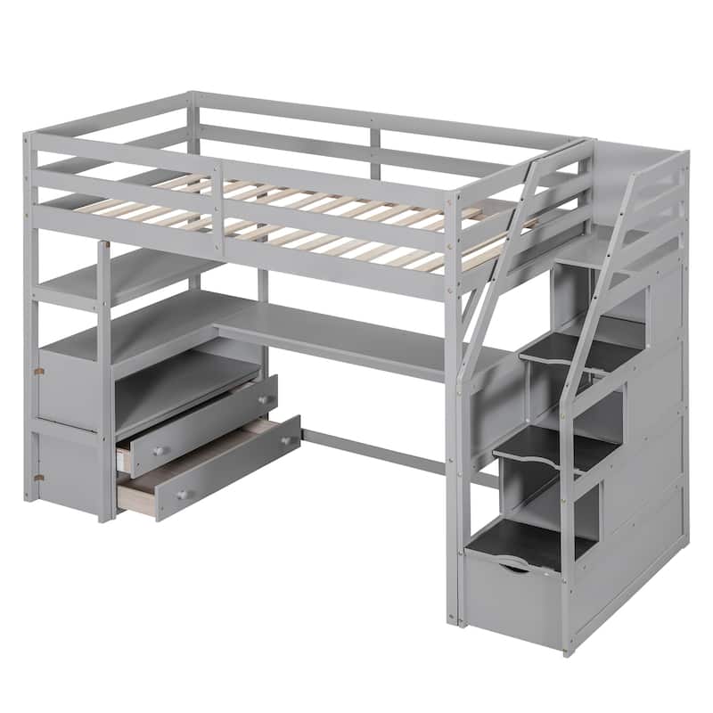 Pine Loft Bed with Desk and Storage