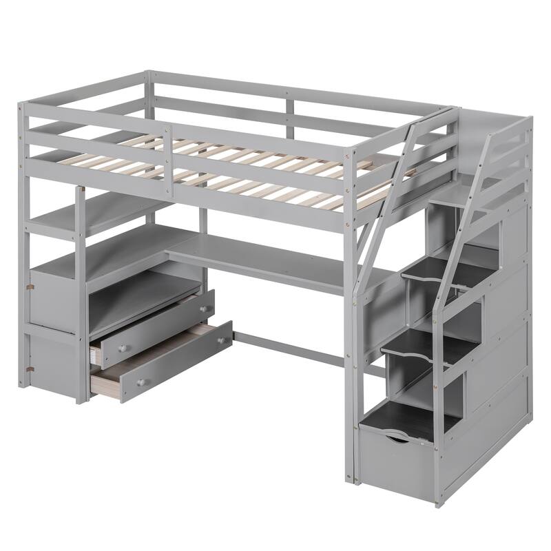 Twin Size Loft Bed with Desk, Storage Shelves, and Staircase with Drawers, Gray