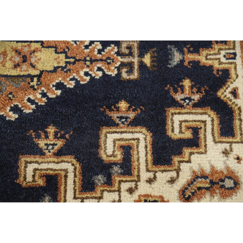 Geometric Navy Blue Viss Indian Area Rug Handmade Wool Carpet - 5'10" x 8'10"