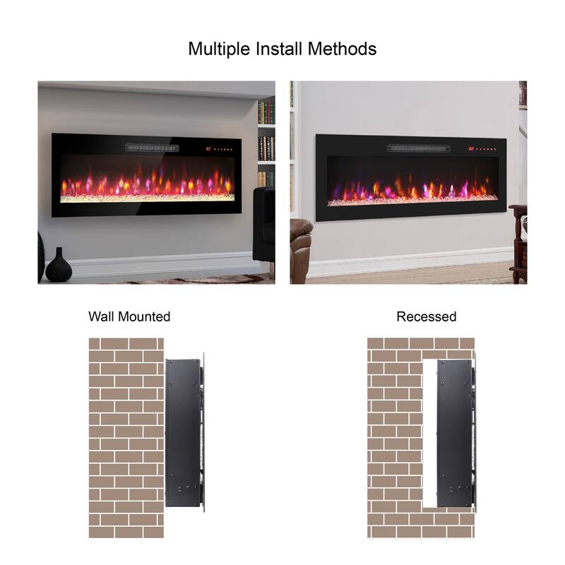 50" Recessed Tempered Glass Front Wall Mounted Electric Fireplace with Remote and LED Light Heater