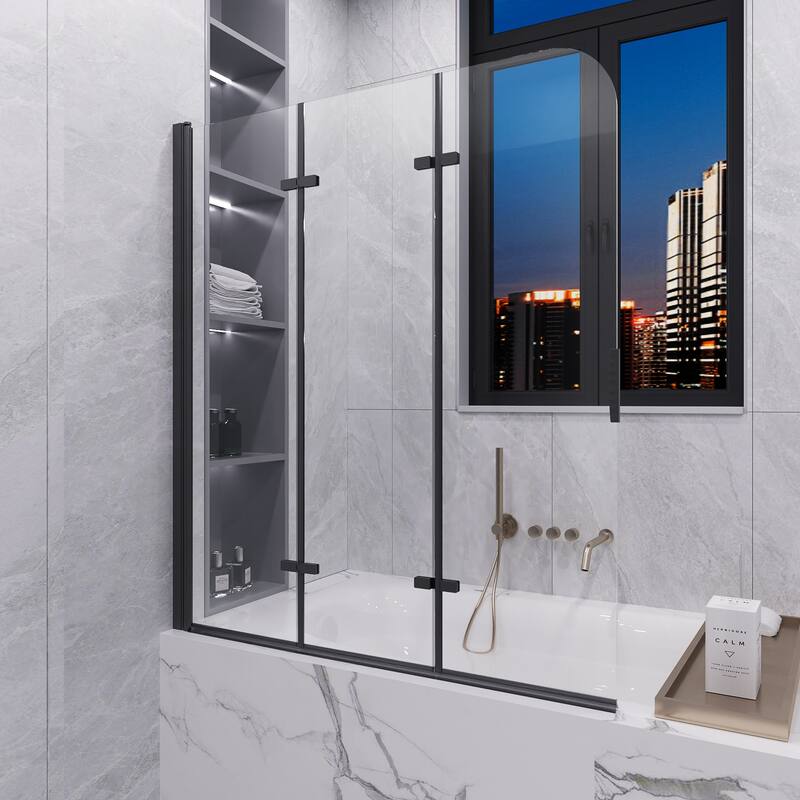 QuivaraView Tri-Foldable Tub Door Bathtub Screen with Tempered Glass in size 51" W x 59"H - 51*59 - Matte Black