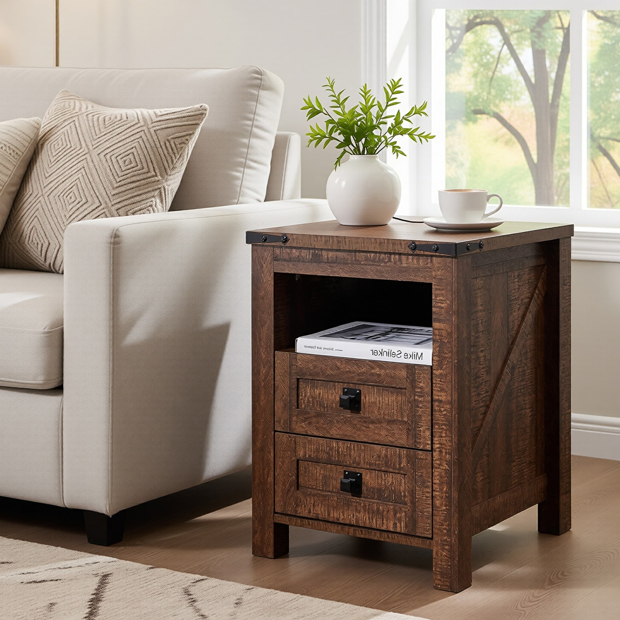 Modern Side Table with Charging Station, Nightstand, End Table