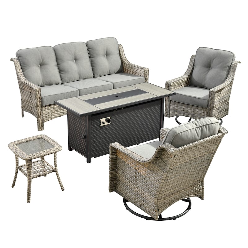 OVIOS 5 Pieces Outdoor Wicker Set with 54" Fire Table