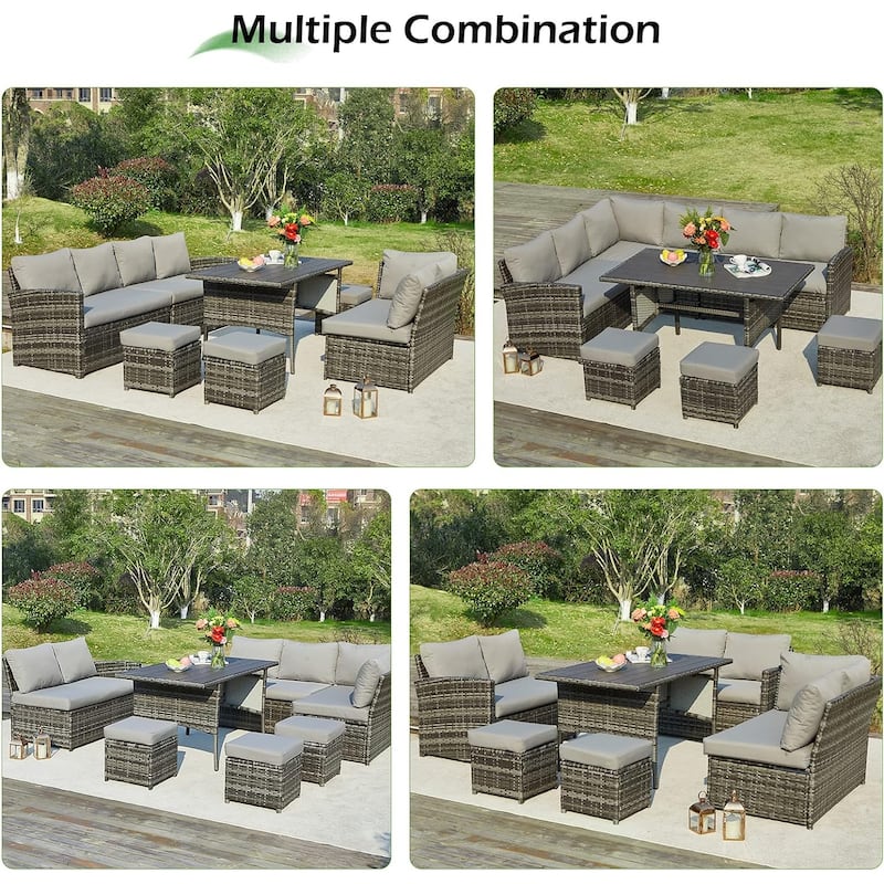 AECOJOY 7-Piece Outdoor Patio Wicker Sectional Sofa with Dining Table