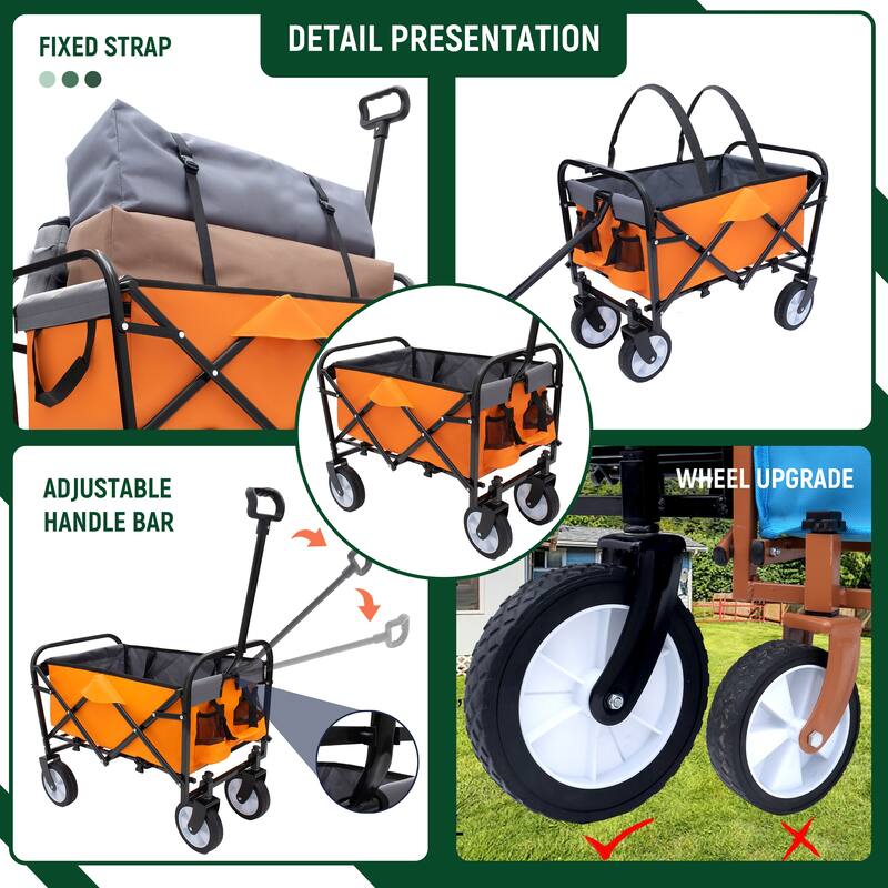 Minimeetall Strap Collapsible Foldable Wagon Cart with strapping system, Beach Wagon Utility Wagon Grocery Cart Supports 225lbs