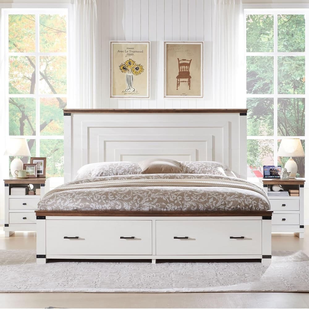 Farmhouse Wood Bed Frame with 54" Tall Headboard, 2 Large Drawers