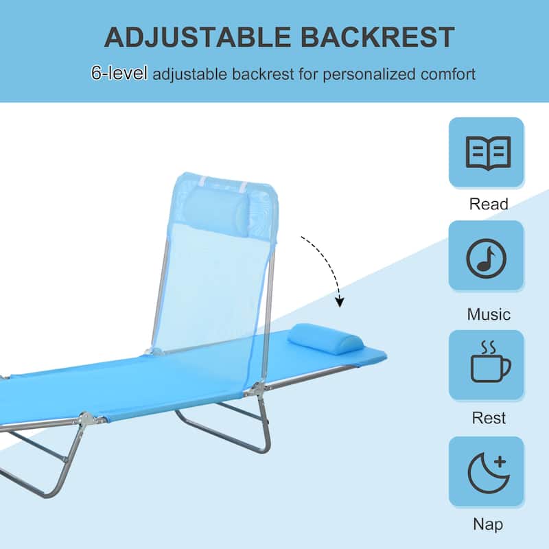 Outsunny Portable Sun Lounger, Folding Chaise Lounge Chair w/ Adjustable Backrest & Pillow for Beach, Poolside and Patio, Blue
