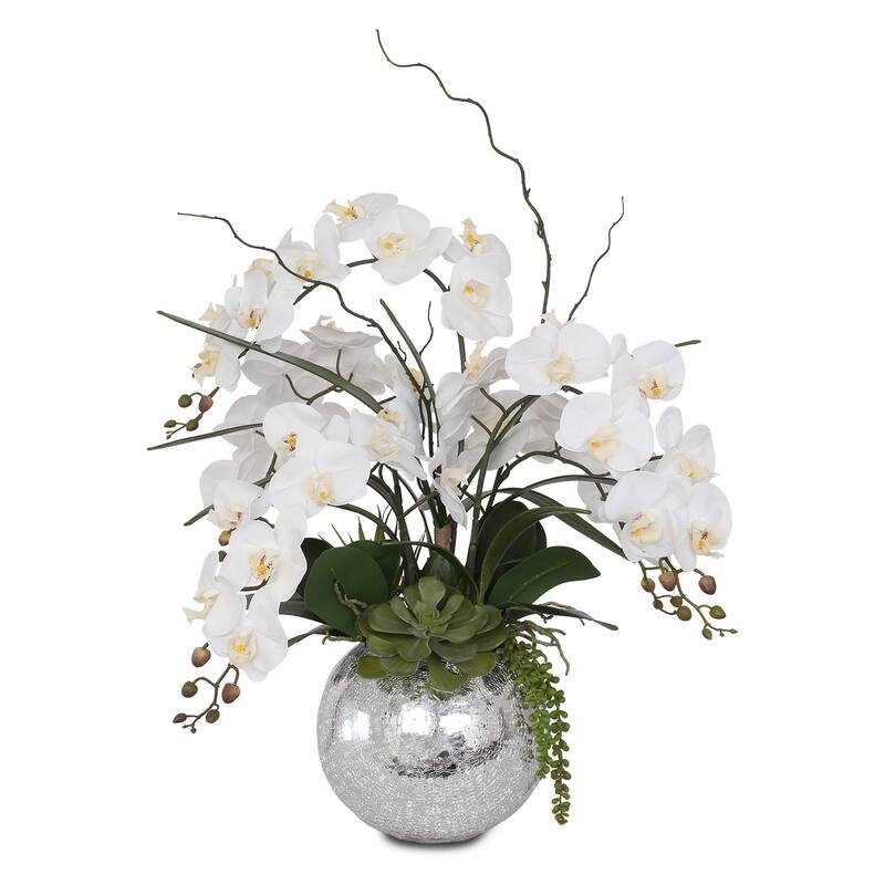 Real Touch White Orchid in Silver Glass Ball - 20 W x 20 D x 27 H