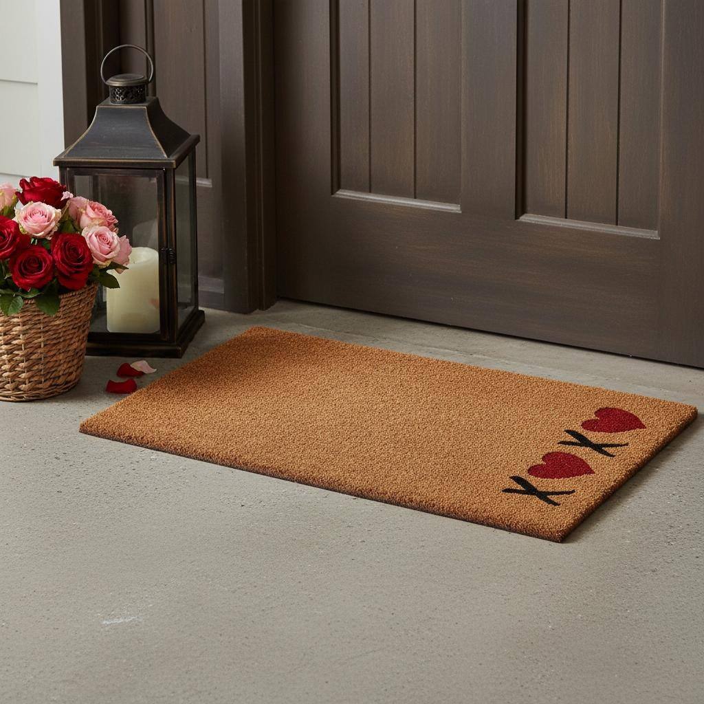 HomeRoots 24" X 36" Brown Red And Black XOXO Outdoor Coir Door Mat - 24.00' X '36.00