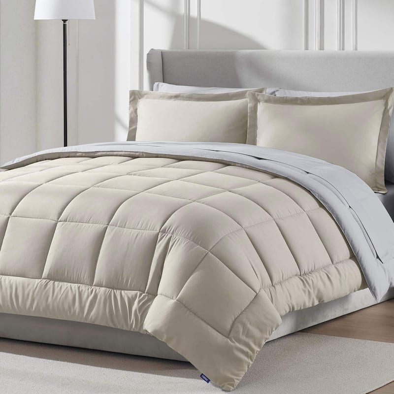 Emperyan Reversible Comforter Set Bed in a Bag with Cooling Pillow - Beige/Full - Full