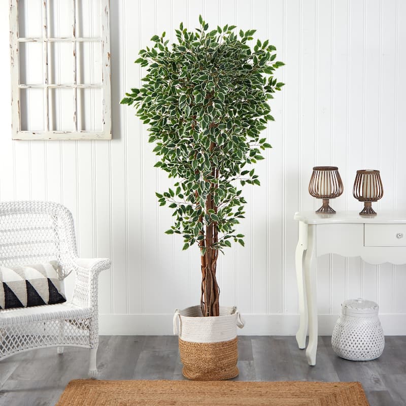 70in Variegated Ficus Artificial Tree in Handmade Jute and Cotton Planter with UV Resistant Greenery for Indoor Decor