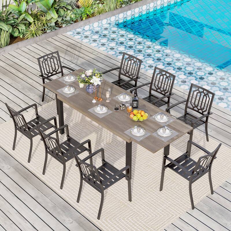 MAISON ARTS 7/9-Pieces Patio Dining Set with Metal Rectangle Expandable Table and Metal Stackable Chairs - 9-Piece Fashion Chairs