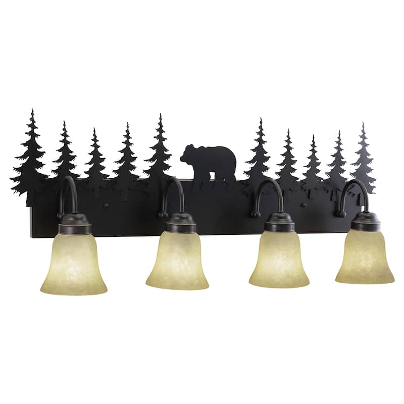 Bozeman 4-Light 33 in. W Burnished Bronze Rustic Cabin Bathroom Vanity Lighting Fixture, Amber Flake Glass Shade, Bear and Trees