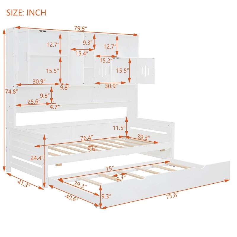 Wooden Daybed with Twin Size Trundle and All-in-One Cabinet, Twin/Full Size Daybed Frame Sofa Bed with Storage Shelves