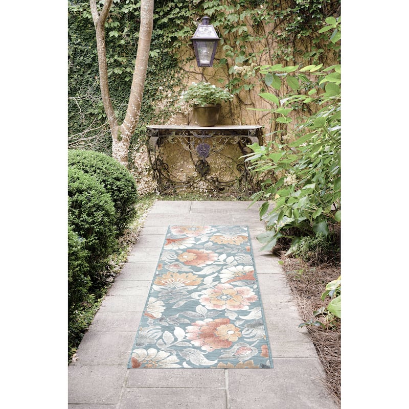 Tropicana Tropical Floral Indoor/Outdoor Area Rug - 2'2'' x 7'3'' - Aqua/Light Red