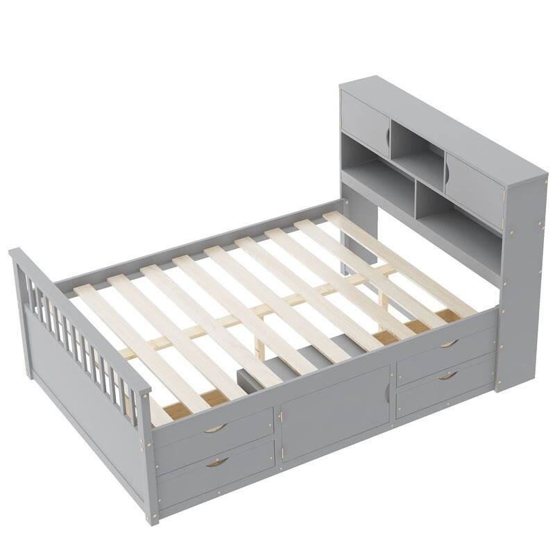 Full Size Captain Platform Bed Frame with Storage Bookcases and Shelves,Four Drawers