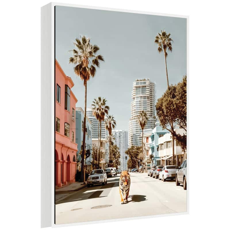 Kate and Laurel Sylvie California Tiger Roaming through Palm Springs Framed Canvas by Michael Schauer - 28x38 - White