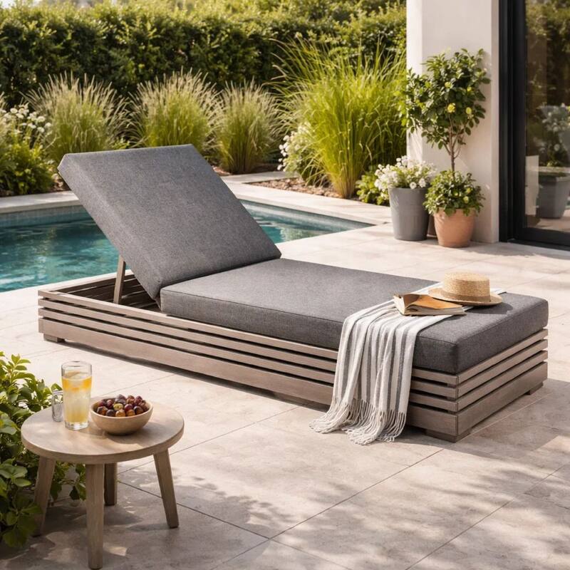 Hida Chaise Lounge Chair, Gray Eucalyptus, Olefin Cushions, 82 Inch