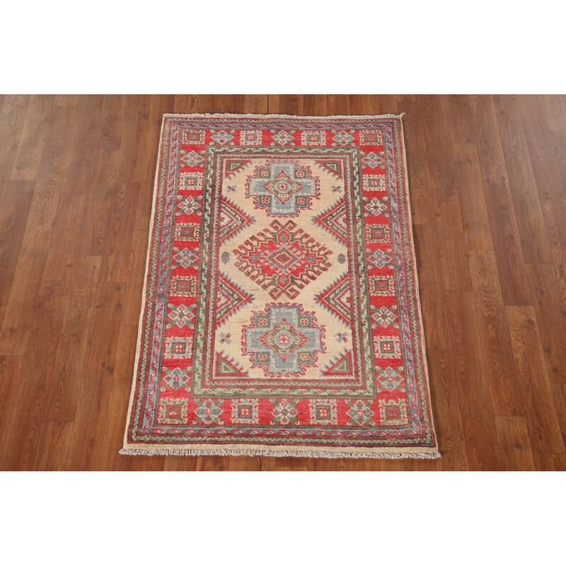 Geometric Kazak Accent Rug Handmade Oriental Beige Wool Carpet - 2'9"x 4'0"