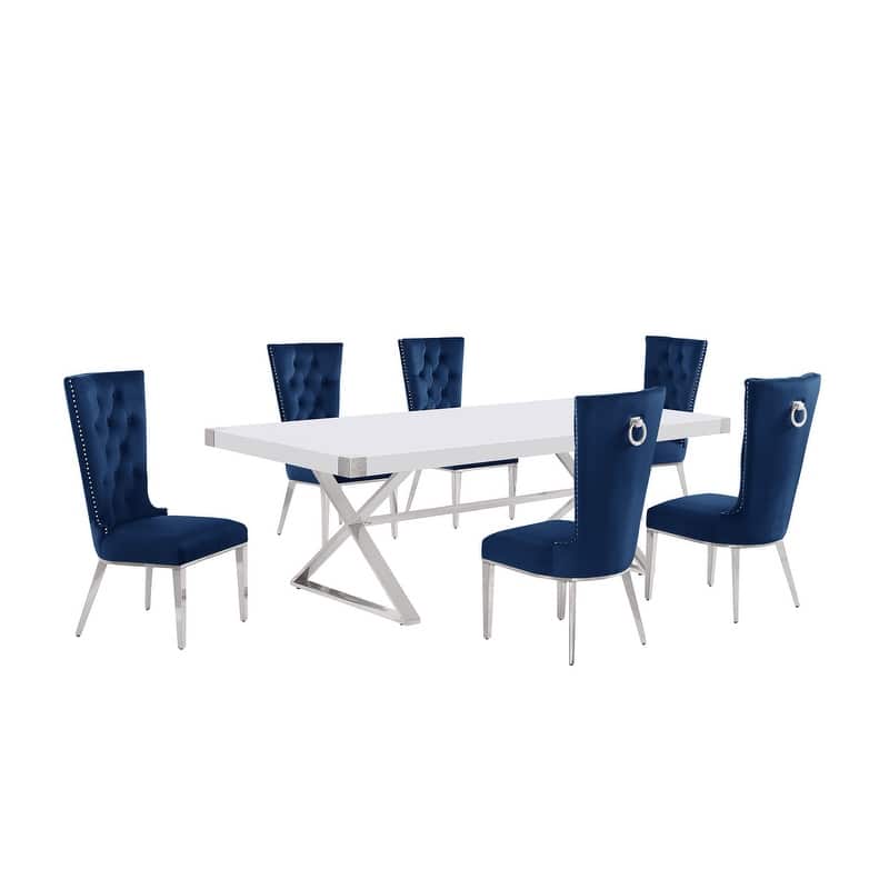 Best Quality Furniture D442/3-SC330-7 Dining Set with 94" White Lacquer Wood Top - 7-Piece - Navy Blue / Silver