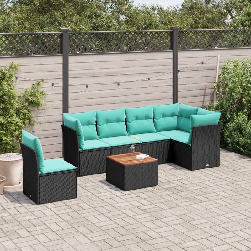 vidaXL 7 Piece Patio Sofa Set with Cushions Black Poly Rattan - 24.4 x 24.4 x 27.2 - Black-Table + 3x corner + 3x middle