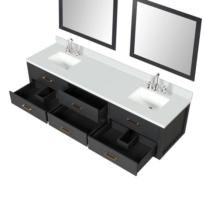 Castor 60 in W x 22 in D Black Double Bath Vanity, White Quartz Top, Faucet Set, and 28 in Mirrors