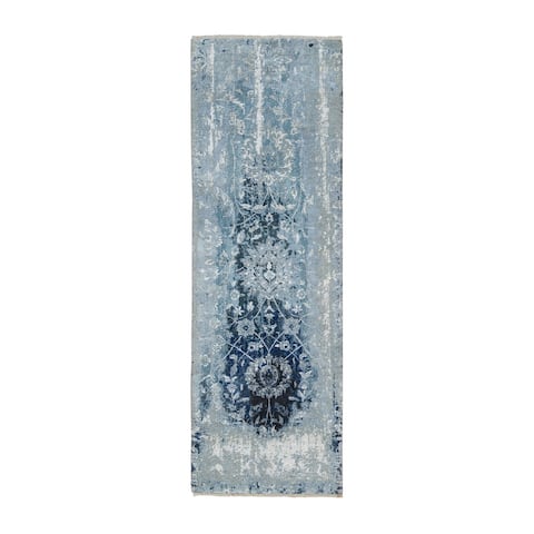 Shahbanu Rugs Blue-Teal Persian Tabriz Broken Design Wool and Silk Hand Knotted Oriental Runner Rug (2'7" x 8'0") - 2'7" x 8'0"