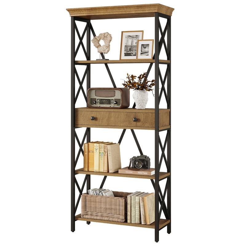 70.9" Wood Bookshelf with Drawers, Open Storage Shelf Bookcase, Living Room Office Bedroom Display Accent Shelf