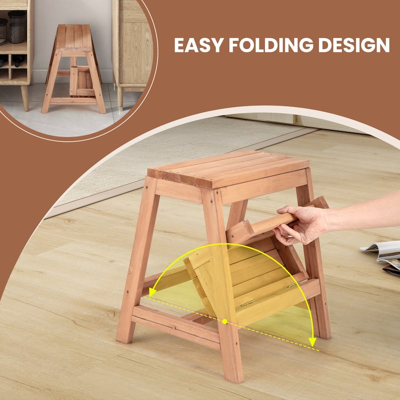 Space-Saving Solid Fir Wood 2-Tier Folding Step Stool Ladder for High Shelves and Plant Display