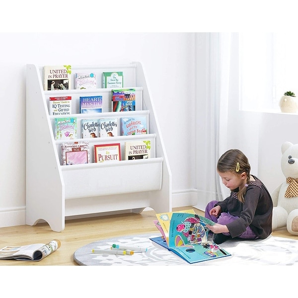 Children Bookcase,Wooden Sling Bookshelf Unit Kids Book Storage Rack Fun Book Shelf Toy Magazine Organiser Shelf Rack Book Display Storage Rack with Soft Cotton Canvas Fabric for Bedroom Living Room 