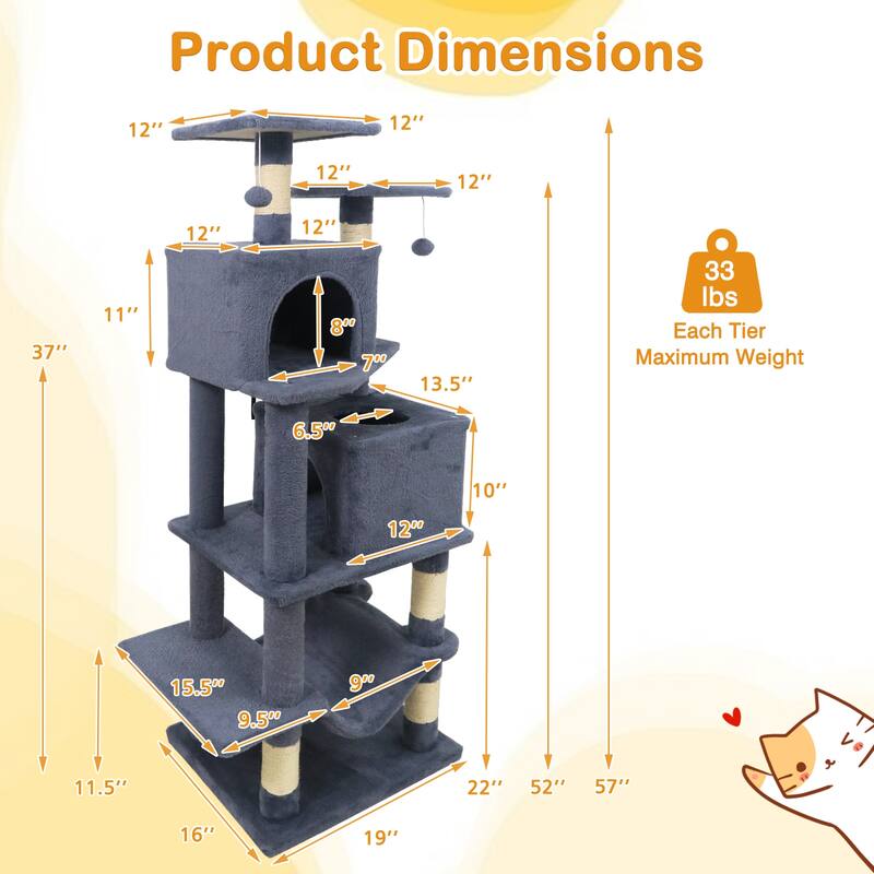 Gymax 57'' Cat Tree for Indoor Cats w/Dual Condos Hammock Sisal