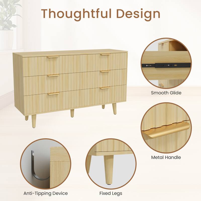 Gymojoy Fluted 6 Drawer Dresser for Bedroom, 47" Wood Chest of Drawers, Modern TV Stand for Closet, Living Room, Hallway