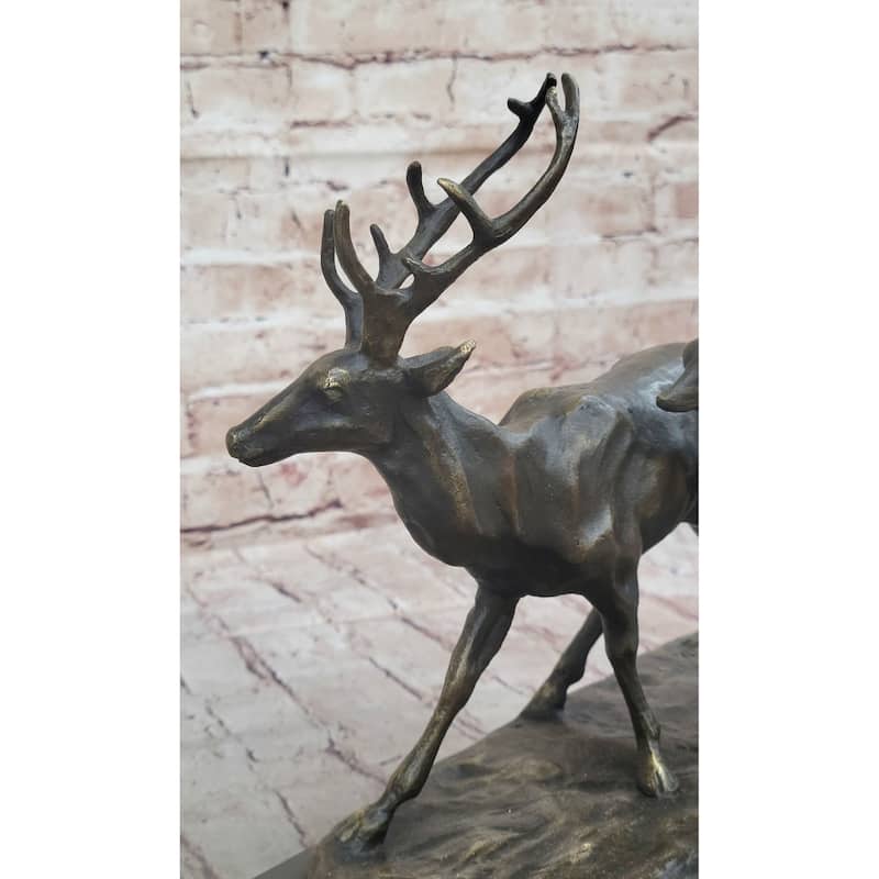 Deer Buck Elk And Doe Fawn Caribou Reindeer Bronze Statue Sculpture Marble Base 11 Inches X 13 Inches