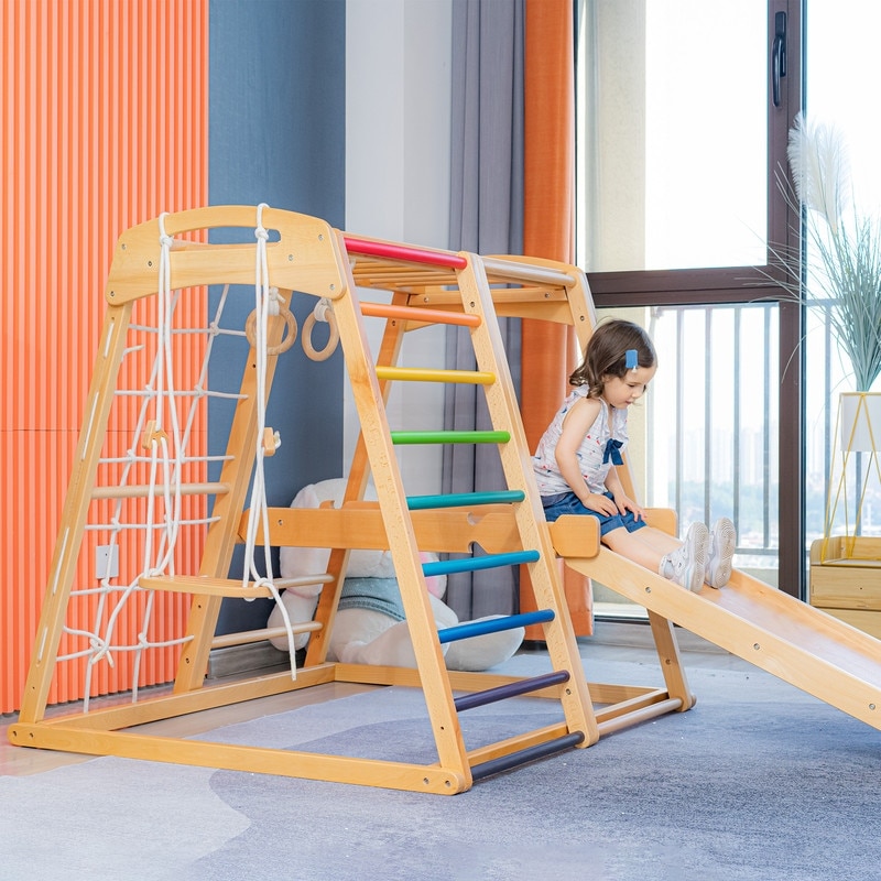 Indoor 7 in 1 Beech Wood Climbing Frame Tpy Baby Slide Swing Rock Climbing Rings Small Amusement Park Oak Bed Bath Beyond 36937666