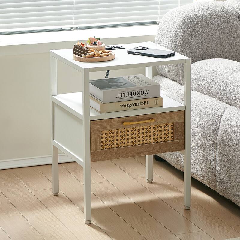 Rattan End Table with Drawer and Metal Legs - White