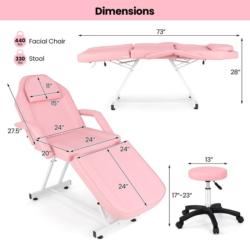 Gymax 73'' Facial Chair w/ Hydraulic Stool Adjustable Backrest &