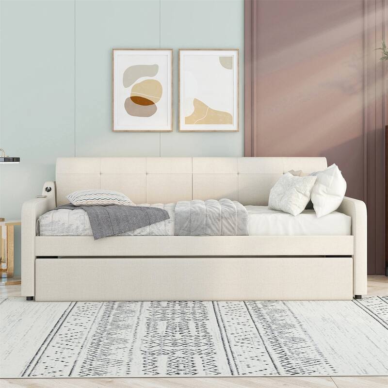 Twin Size Upholstery Daybed with Trundle and USB Charging Design-Beige