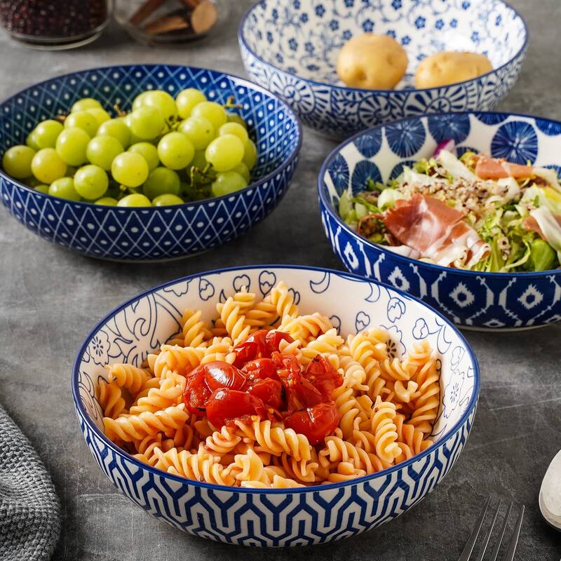 Ceramic 50 Ounce Pasta Bowls Set of 4, 8.6 Inch Large Salad Bowls,Wide and Shallow Porcelain Soup Bowls, Stackable Serving Bowls