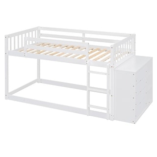 Twin Over Twin Wood Floor Bunk Bed with 4 Drawers and 3 Shelves, White