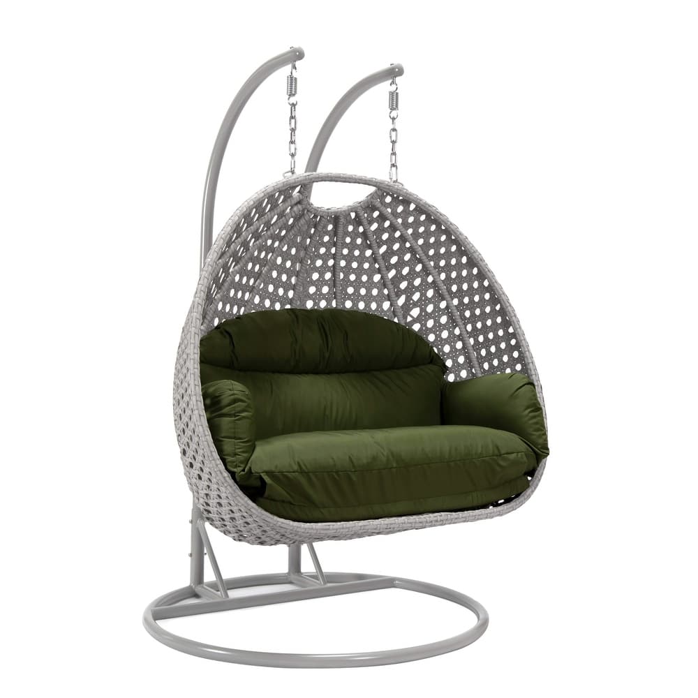 Mendoza 2-Person Hanging Egg Swing Chair with Iron Metal Stand Handcrafter Grey Wicker Hammocks for Outdoor Patio or Indoor Use