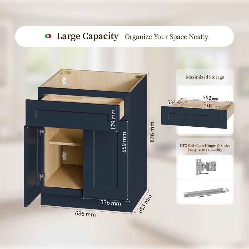 27" Navy Blue Shaker Base Cabinet with Soft-Close Door, Drawer, Space-Saving Solid Wood Unit with Adjustable Shelf for Kitchen