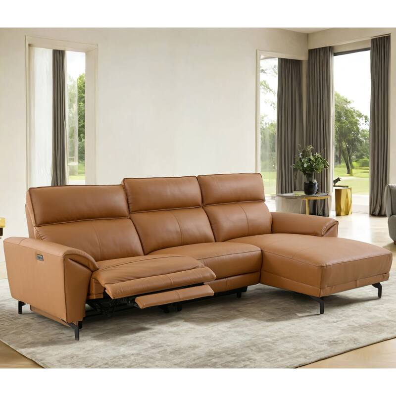 Furniture of America Fynae Modern Leather L-Shaped Sectional Recliner with Chaise and USB Ports - Brown Clay - Right Facing