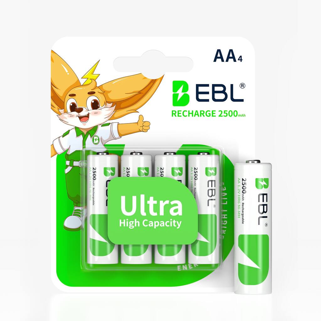 EBL Rechargeable 1.2V AA Battery NiMH 2500 mAh, 4 Pack - White