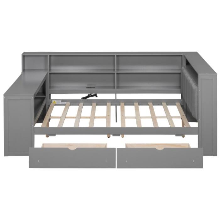 Wood Full/Twin Platform Bed with Storage - Features Shelves, Drawers, Charging Station and LED Desk