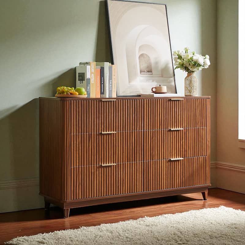 Modern 6 Drawer Dresser with Wave Front Design, Wide Storage Chest and TV Stand, 55" Wooden Organizer Cabinet