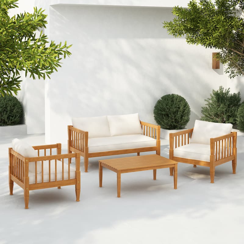 Scott Living Darla 4 Piece Outdoor Sleek Acacia Wood Seating Set with Water-Resistant Cushion