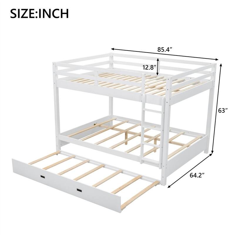 Queen Over Queen Size Bunk Bed with Trundle, Ladder and Guardrail, Wooden Bunk Bedframe with Wood Slats Support for Kids