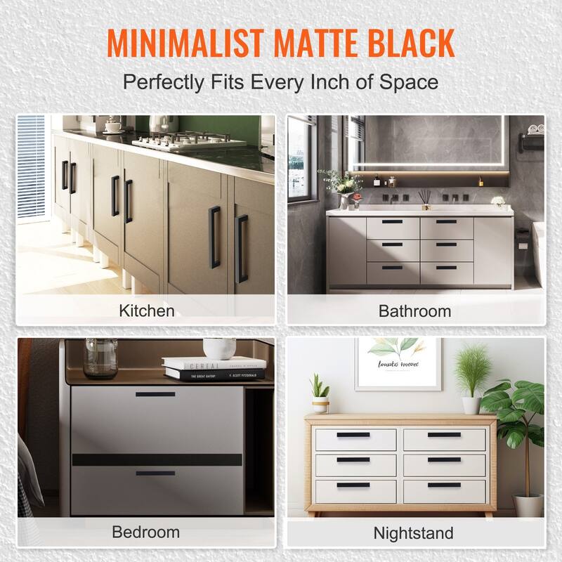 Matte Black Stainless Steel Cabinet Handles 10Pcs, No-Drill Design - 6.69 x 0.47 x 1.38 inches