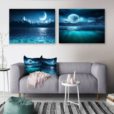Designart 'Romantic Moon Over Deep Blue Sea Collection' Astronomy & Space Set of 2 Pieces